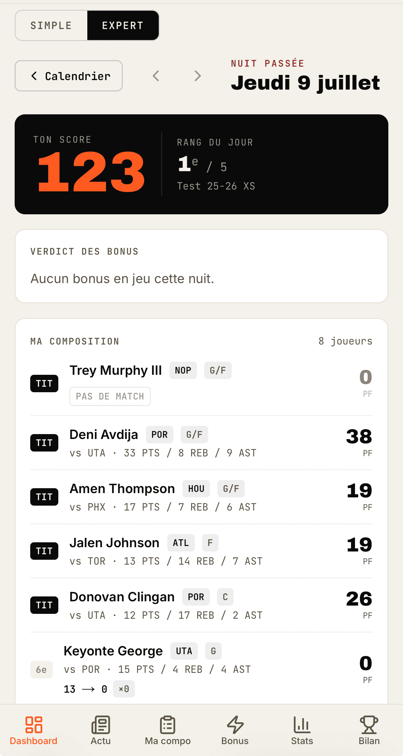 Clutch5 — le détail d'une nuit de matchs sur mobile